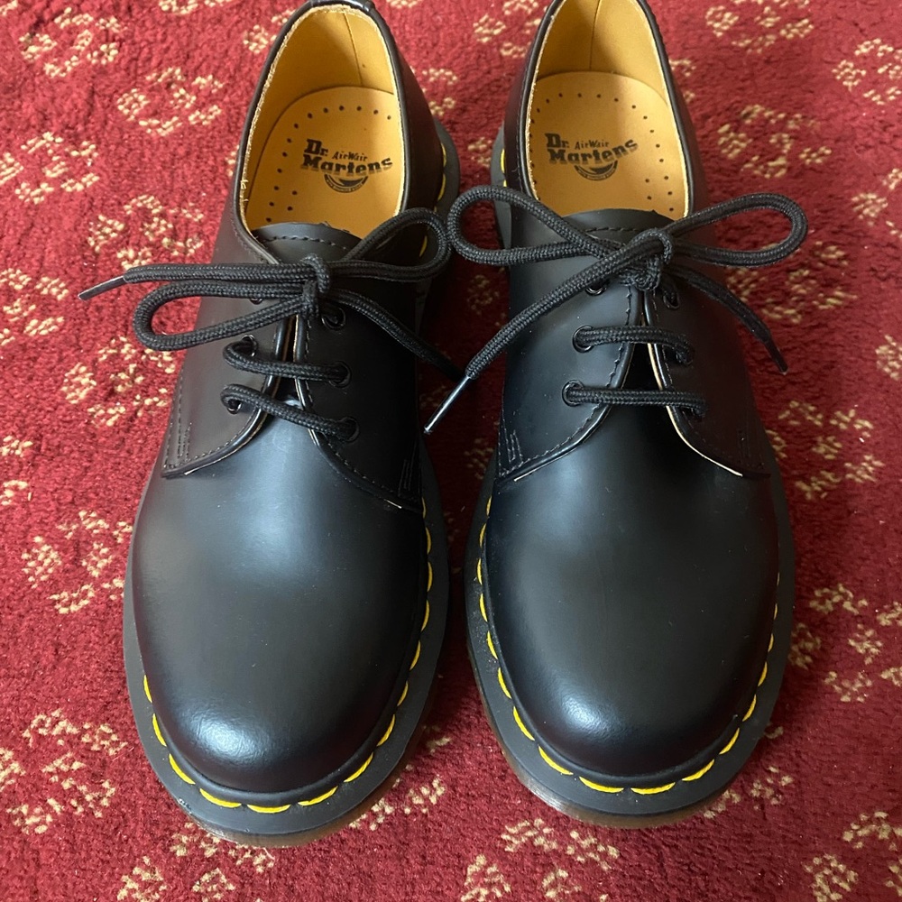 Doc Martens Black Leather Oxfords with Yellow Stitching
